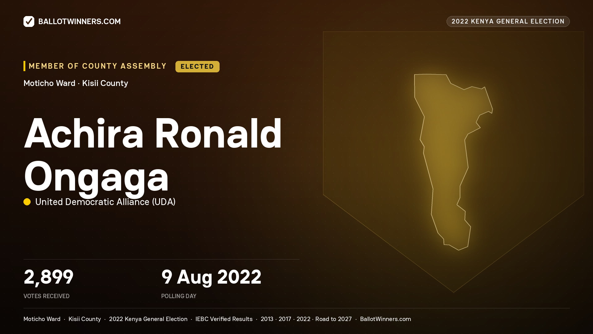 Achira Ronald Ongaga, United Democratic Alliance, elected Member of County Assembly for Moticho, 2,899 votes, 2022 Kenya general election.