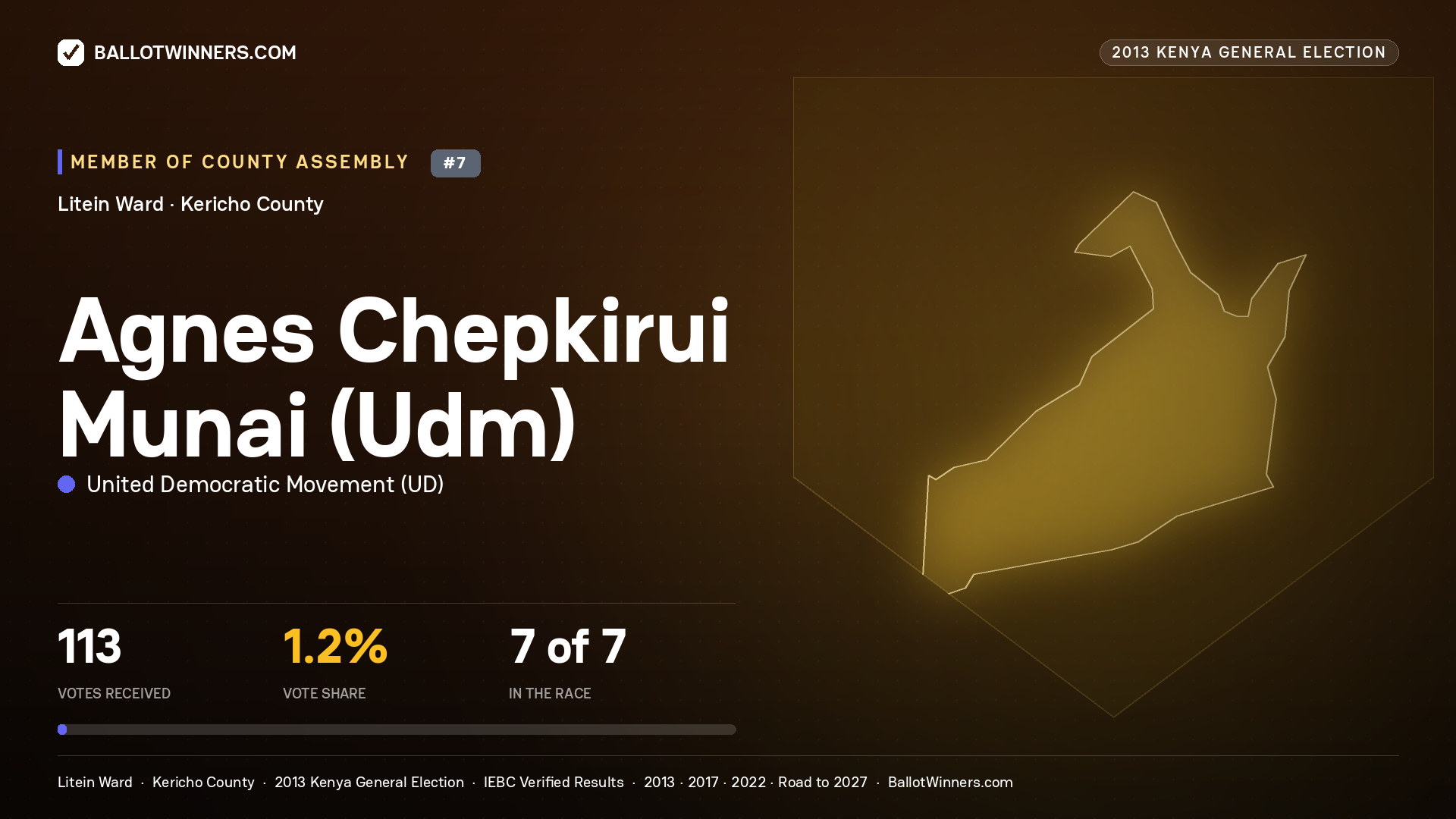 AGNES CHEPKIRUI MUNAI(UDM), contested Member of County Assembly for LITEIN, 113 votes, 2013 Kenya general election.