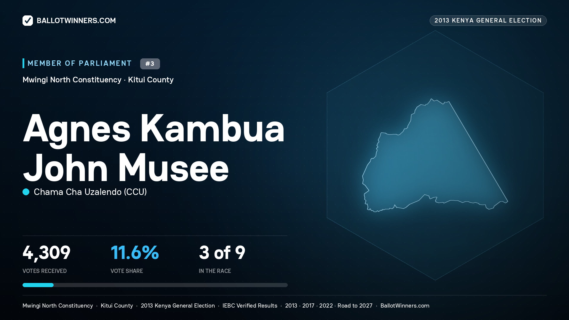 AGNES KAMBUA JOHN MUSEE, contested Member of Parliament for MWINGI NORTH, 4,309 votes, 2013 Kenya general election.