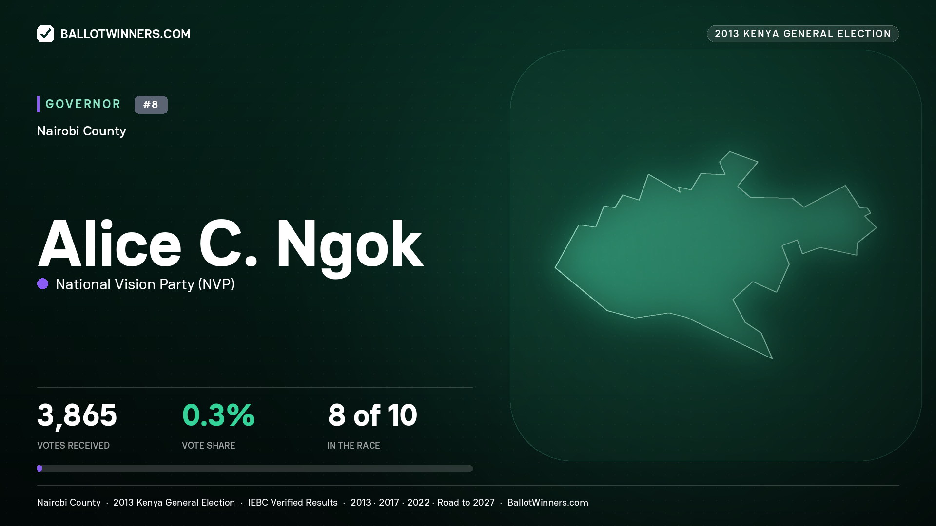 ALICE C. NGOK, NATIONAL VISION PARTY, contested Governor for NAIROBI, 3,865 votes, 2013 Kenya general election.