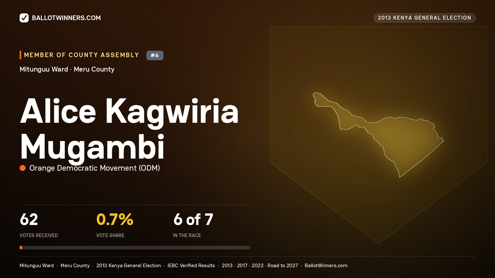 ALICE KAGWIRIA MUGAMBI, contested Member of County Assembly for MITUNGUU, 62 votes, 2013 Kenya general election.