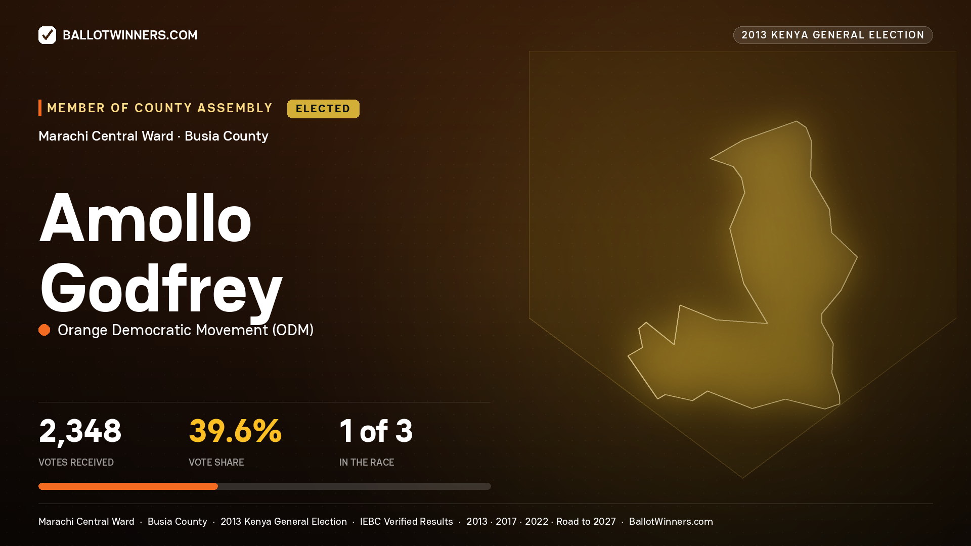 AMOLLO GODFREY, elected Member of County Assembly for MARACHI CENTRAL, 2,348 votes, 2013 Kenya general election.