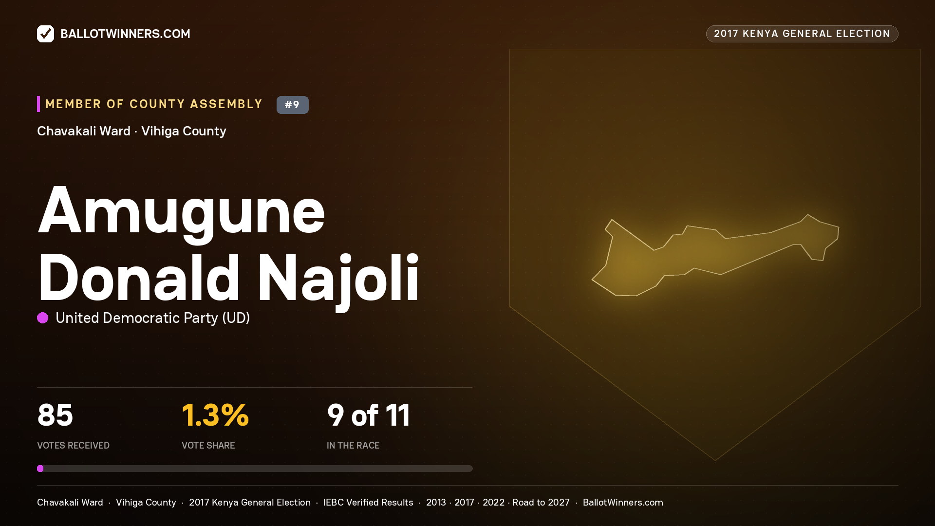 AMUGUNE DONALD NAJOLI, UNITED DEMOCRATIC PARTY, contested Member of County Assembly for CHAVAKALI, 85 votes, 2017 Kenya general election.