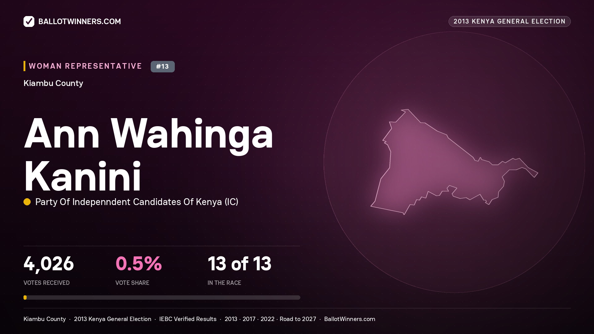 ANN WAHINGA KANINI, contested Women Representative for KIAMBU, 4,026 votes, 2013 Kenya general election.
