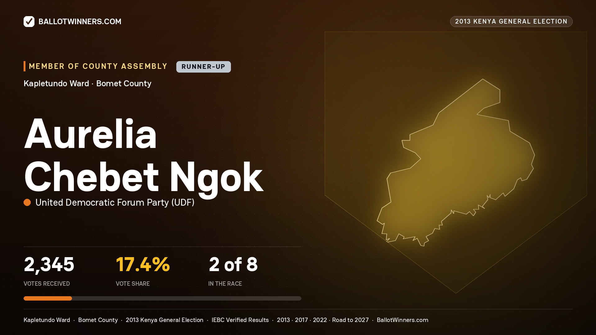 AURELIA CHEBET NGOK, contested Member of County Assembly for KAPLETUNDO, 2,345 votes, 2013 Kenya general election.
