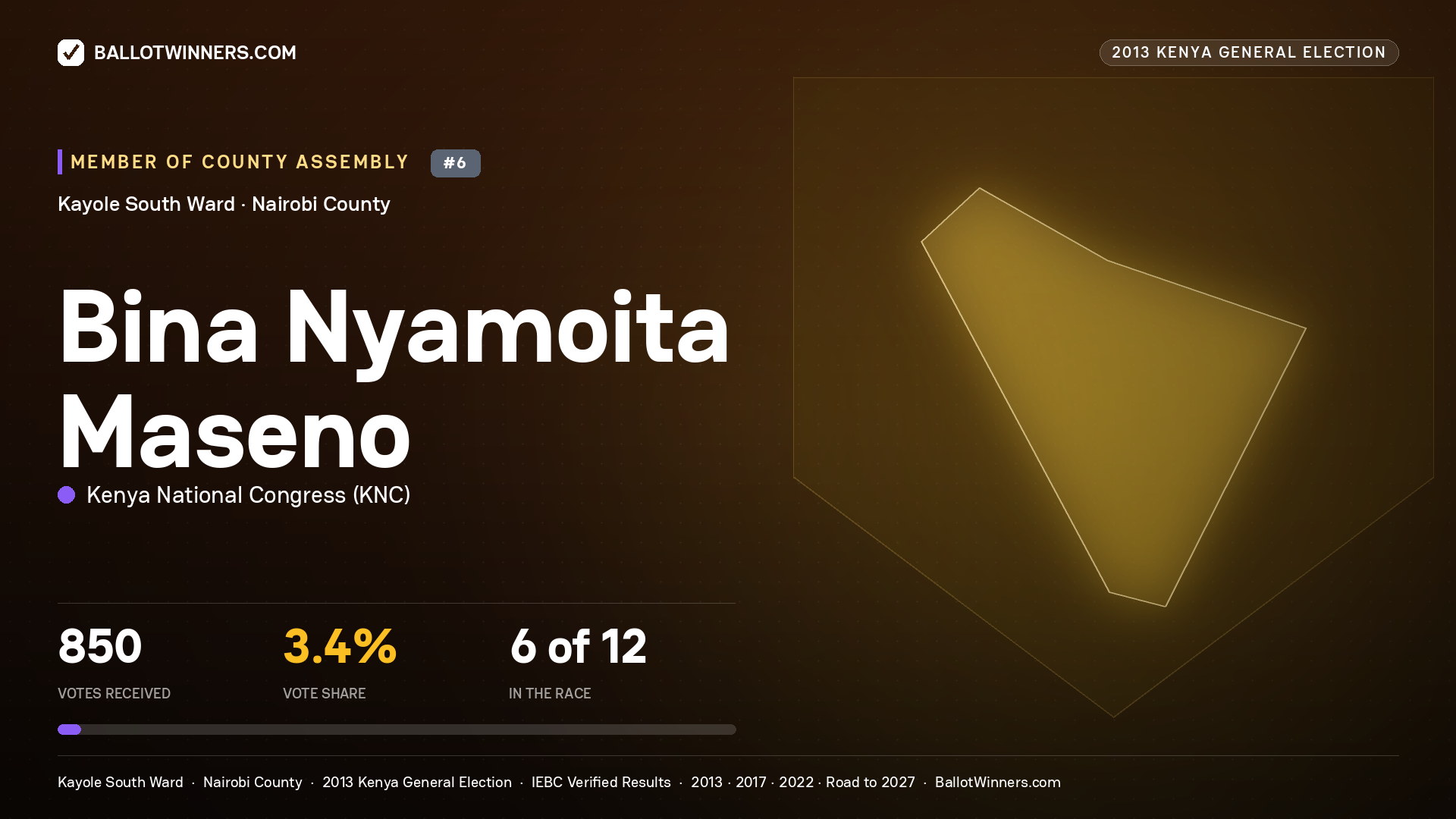 BINA NYAMOITA MASENO, contested Member of County Assembly for KAYOLE SOUTH, 850 votes, 2013 Kenya general election.