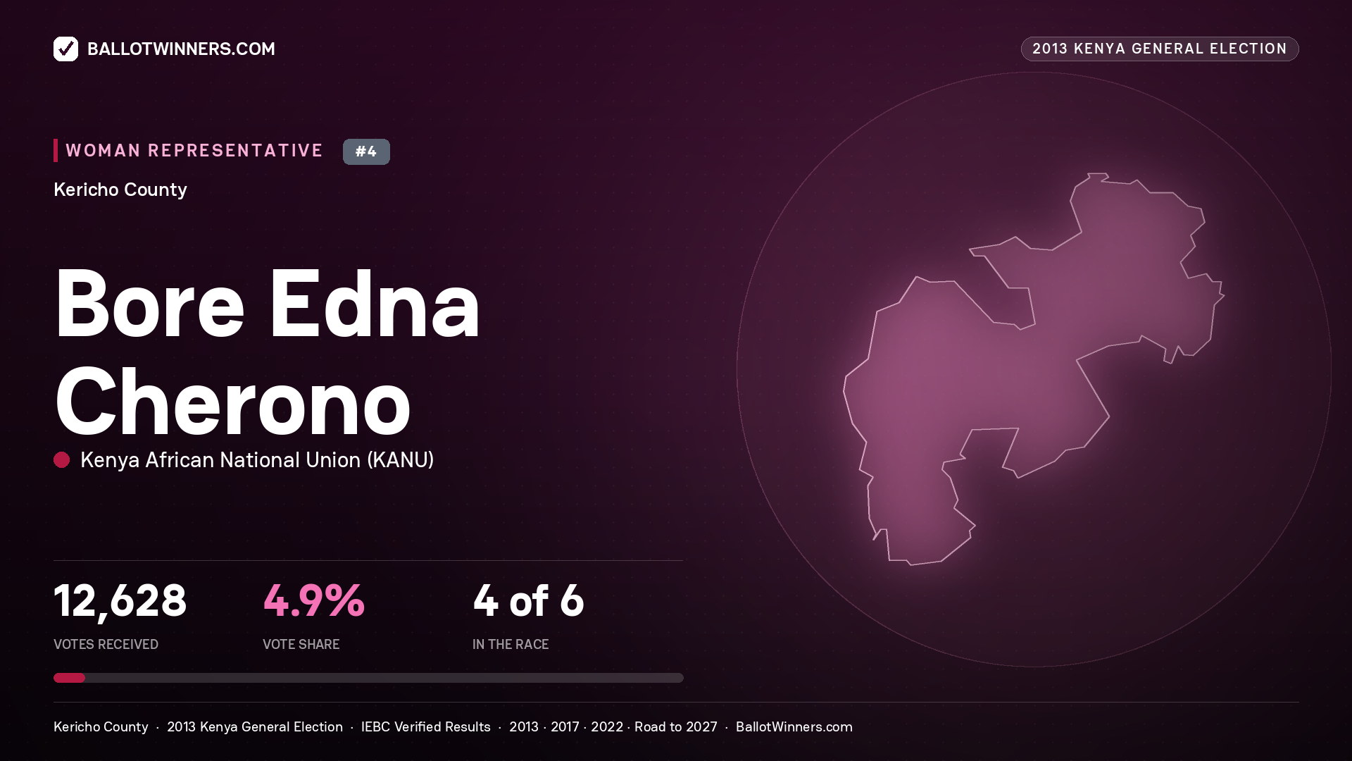 BORE EDNA CHERONO, contested Women Representative for KERICHO, 12,628 votes, 2013 Kenya general election.