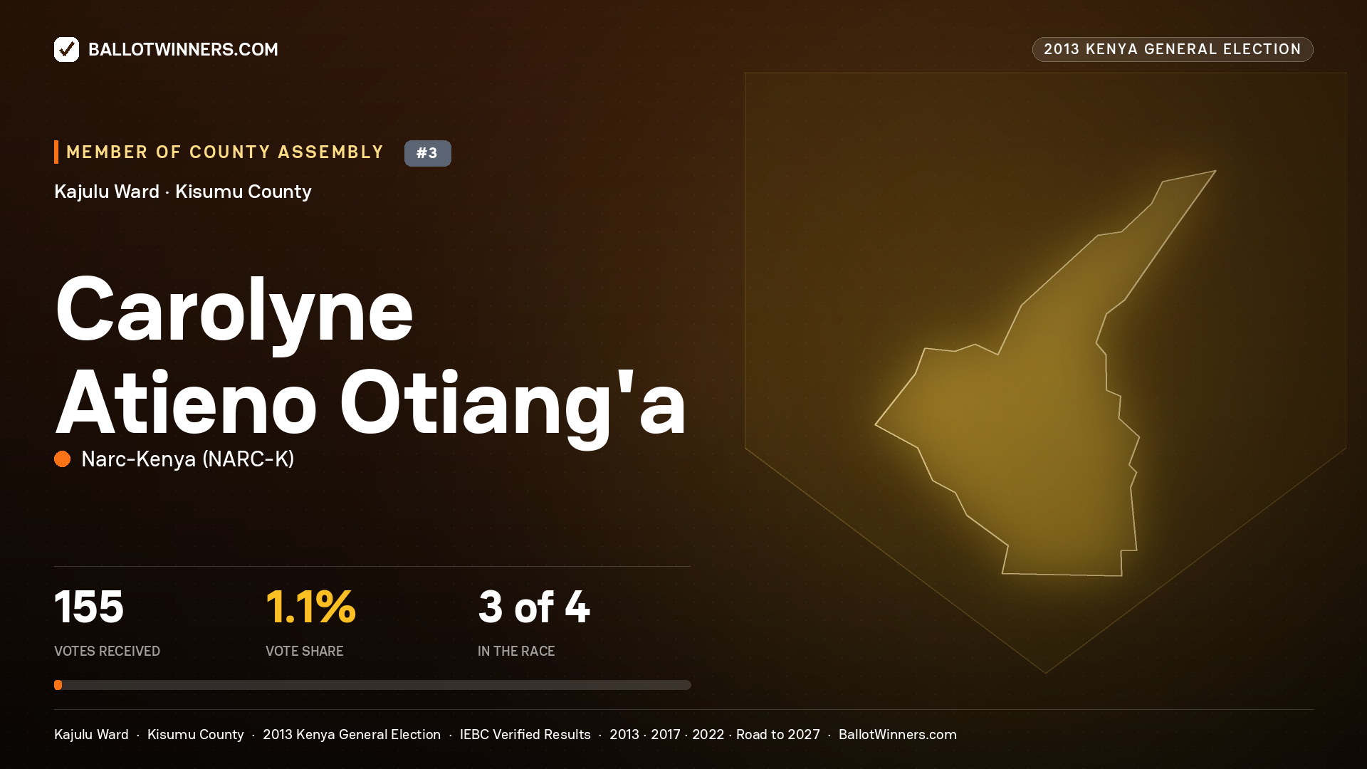 CAROLYNE ATIENO OTIANG'A, contested Member of County Assembly for KAJULU, 155 votes, 2013 Kenya general election.