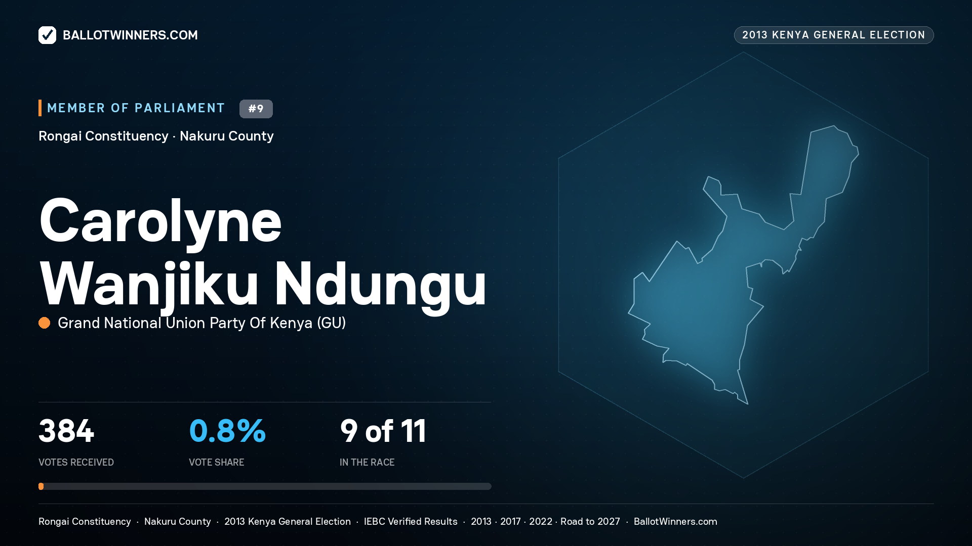 CAROLYNE WANJIKU
NDUNGU, contested Member of Parliament for RONGAI, 384 votes, 2013 Kenya general election.