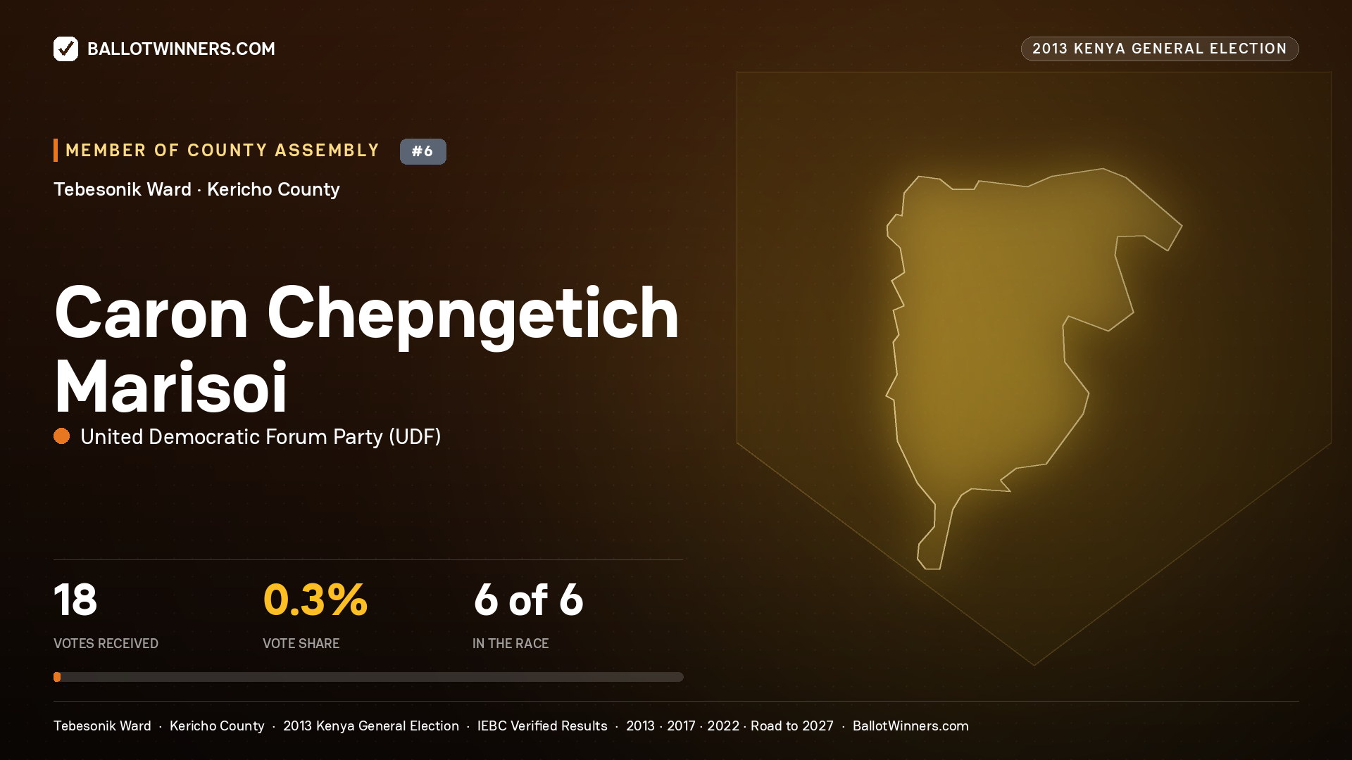 CARON CHEPNGETICH MARISOI, contested Member of County Assembly for TEBESONIK, 18 votes, 2013 Kenya general election.