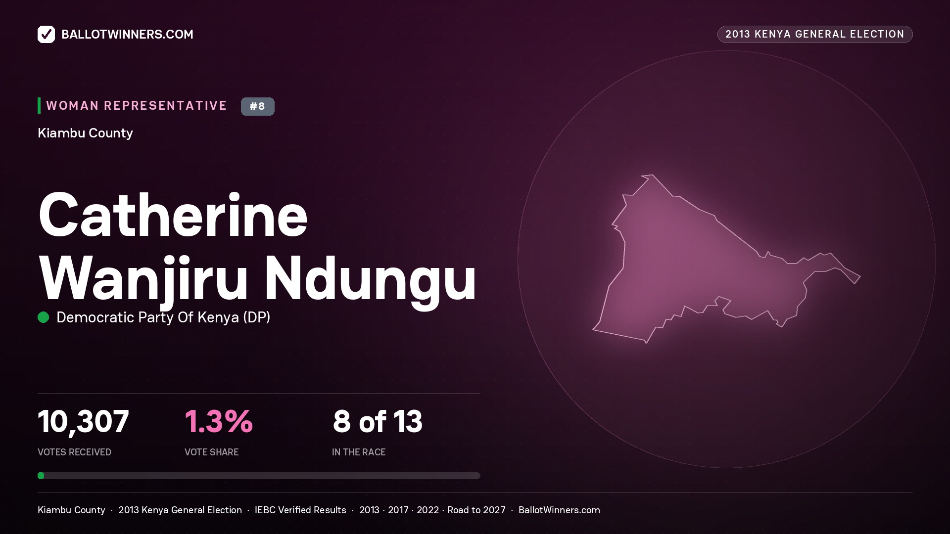 CATHERINE WANJIRU NDUNGU, contested Women Representative for KIAMBU, 10,307 votes, 2013 Kenya general election.