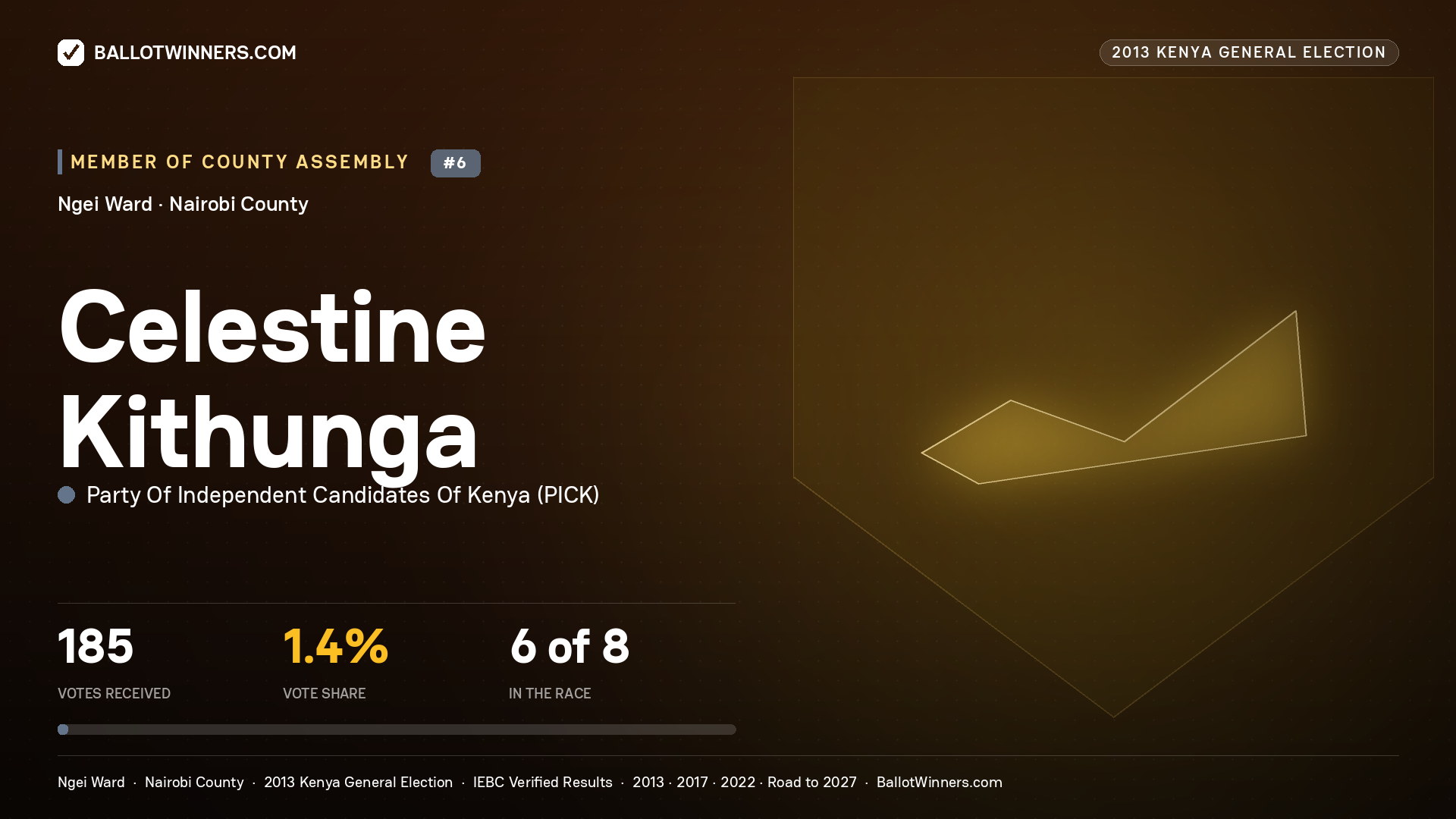 CELESTINE KITHUNGA, contested Member of County Assembly for NGEI, 185 votes, 2013 Kenya general election.