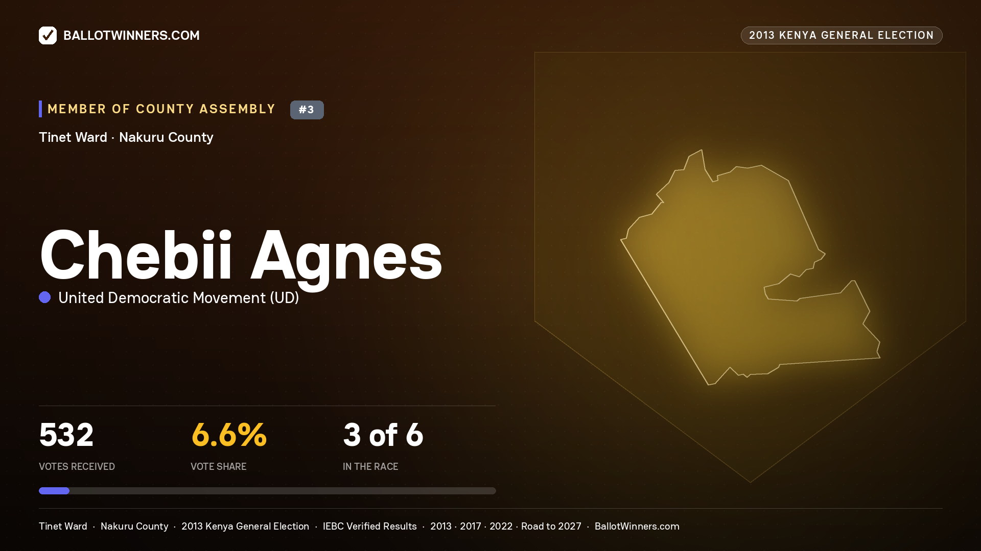 CHEBII AGNES, contested Member of County Assembly for TINET, 532 votes, 2013 Kenya general election.