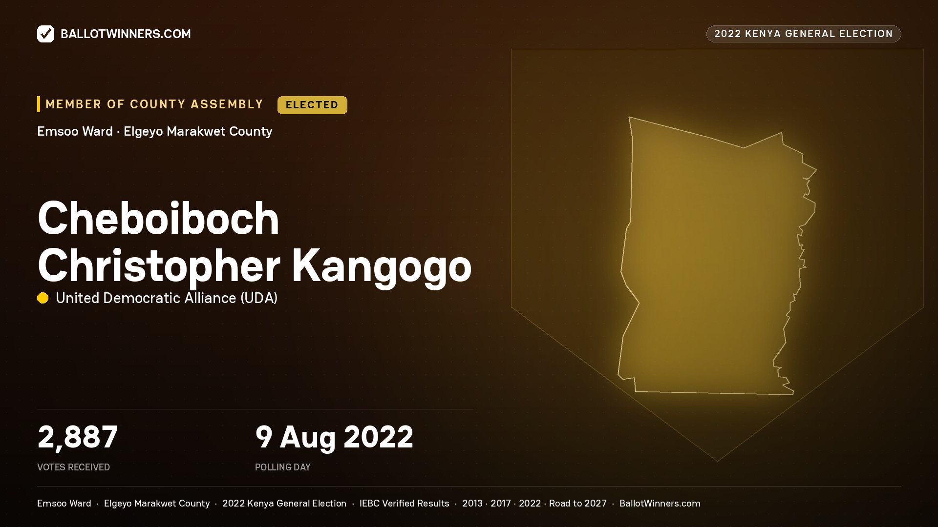 Cheboiboch Christopher Kangogo, United Democratic Alliance, elected Member of County Assembly for Emsoo, 2,887 votes, 2022 Kenya general election.