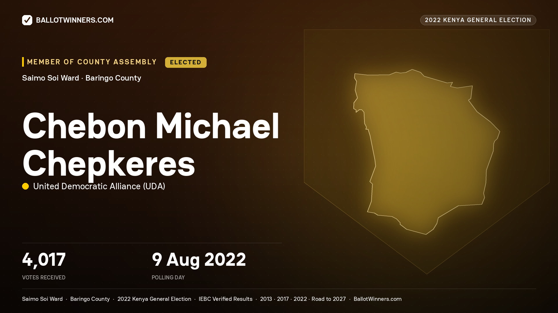 Chebon Michael Chepkeres, United Democratic Alliance, elected Member of County Assembly for Saimo Soi, 4,017 votes, 2022 Kenya general election.