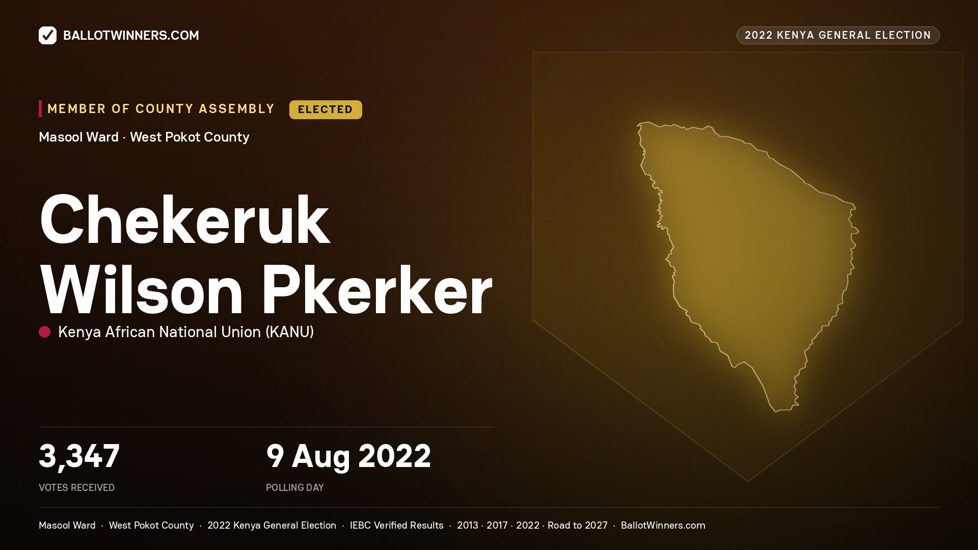 Chekeruk Wilson Pkerker, Kenya African National
Union, elected Member of County Assembly for Masool, 3,347 votes, 2022 Kenya general election.