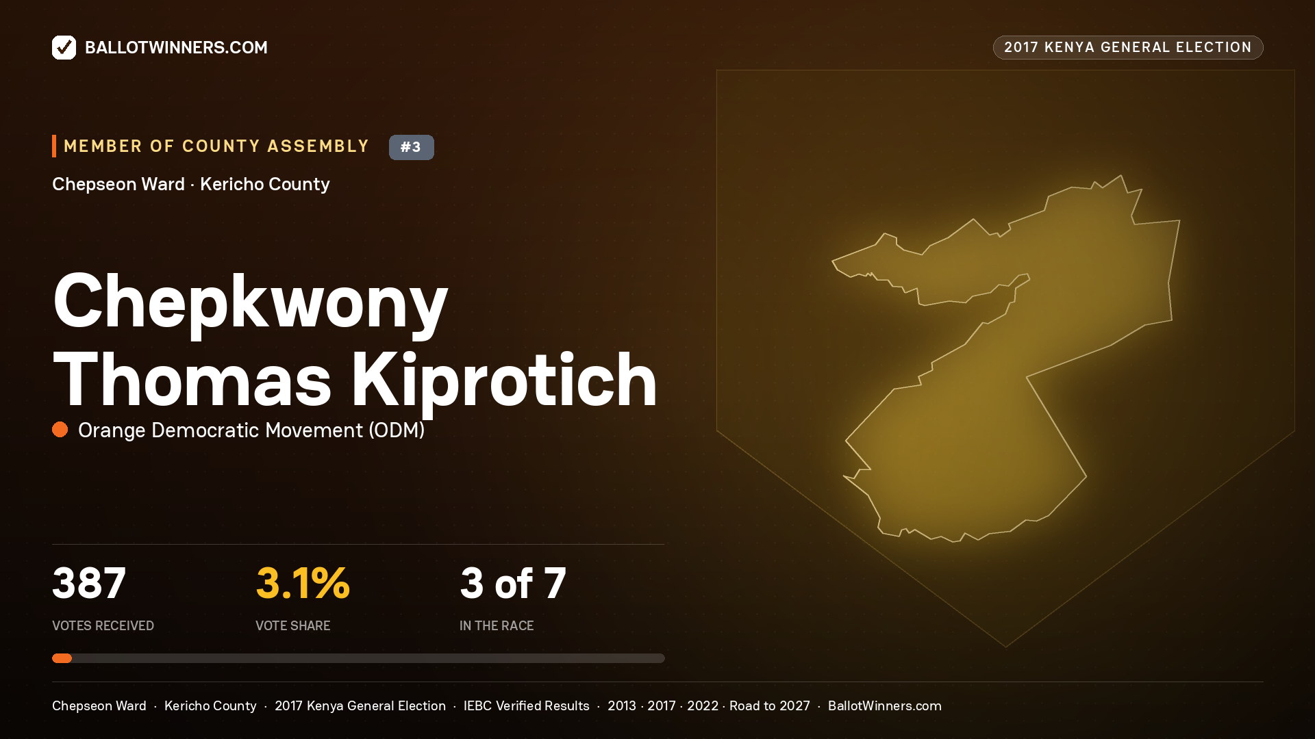 CHEPKWONY THOMAS KIPROTICH, ORANGE DEMOCRATIC MOVEMENT, contested Member of County Assembly for CHEPSEON, 387 votes, 2017 Kenya general election.