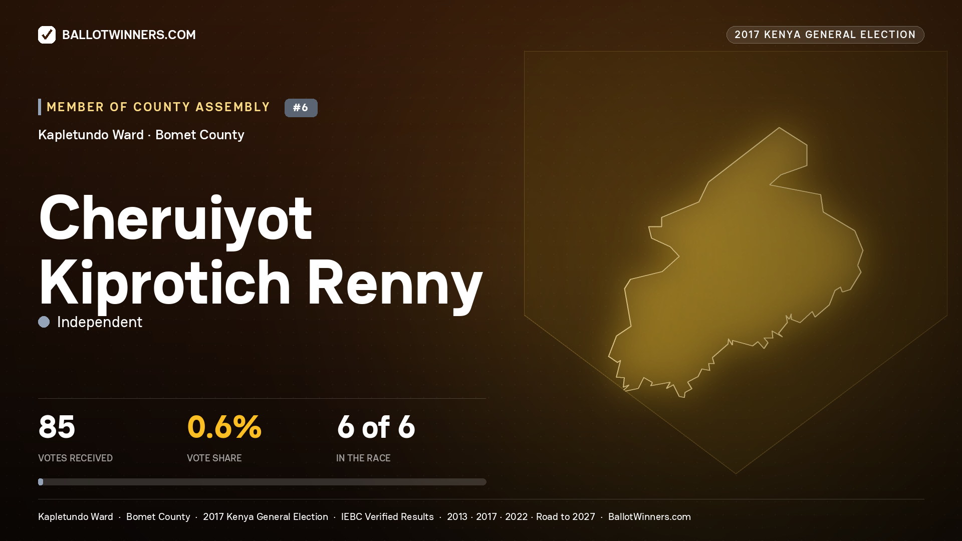 CHERUIYOT KIPROTICH RENNY, INDEPENDENT, contested Member of County Assembly for KAPLETUNDO, 85 votes, 2017 Kenya general election.