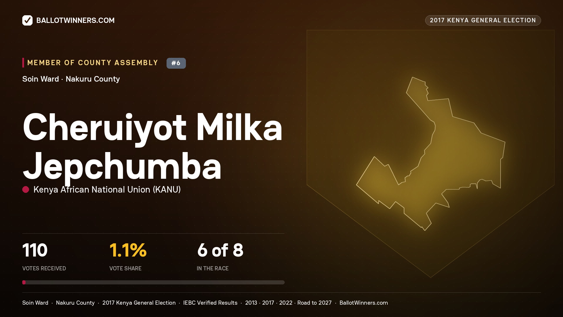 CHERUIYOT MILKA JEPCHUMBA, KENYA AFRICAN NATIONAL UNION, contested Member of County Assembly for SOIN, 110 votes, 2017 Kenya general election.