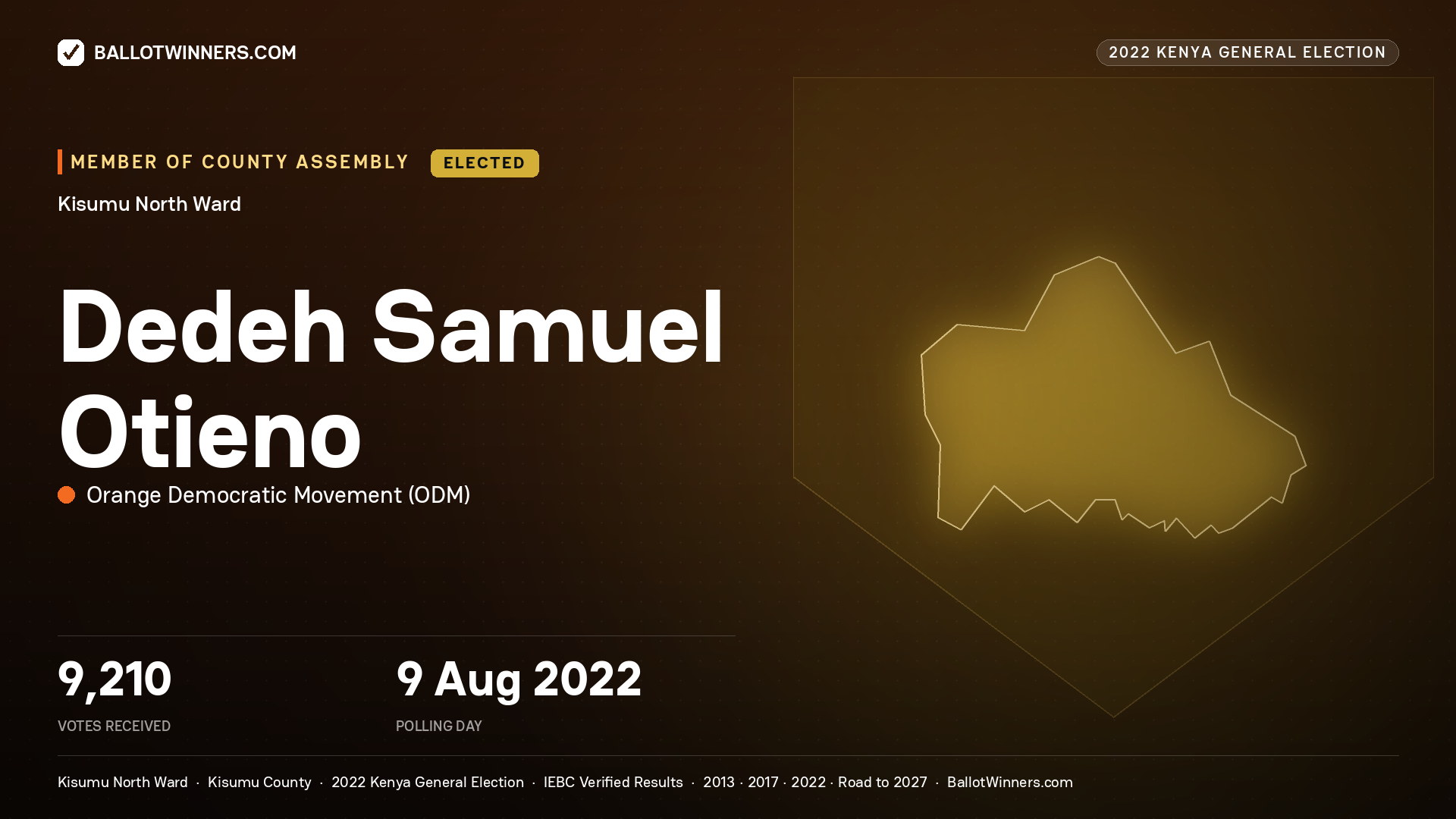 Dedeh Samuel Otieno, Orange Democratic
Movement, elected Member of County Assembly for Kisumu North, 9,210 votes, 2022 Kenya general election.