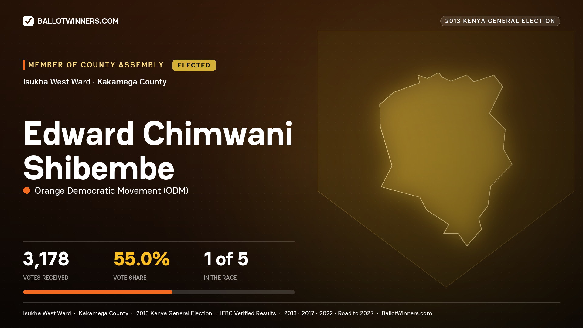 EDWARD CHIMWANI SHIBEMBE, elected Member of County Assembly for ISUKHA WEST, 3,178 votes, 2013 Kenya general election.