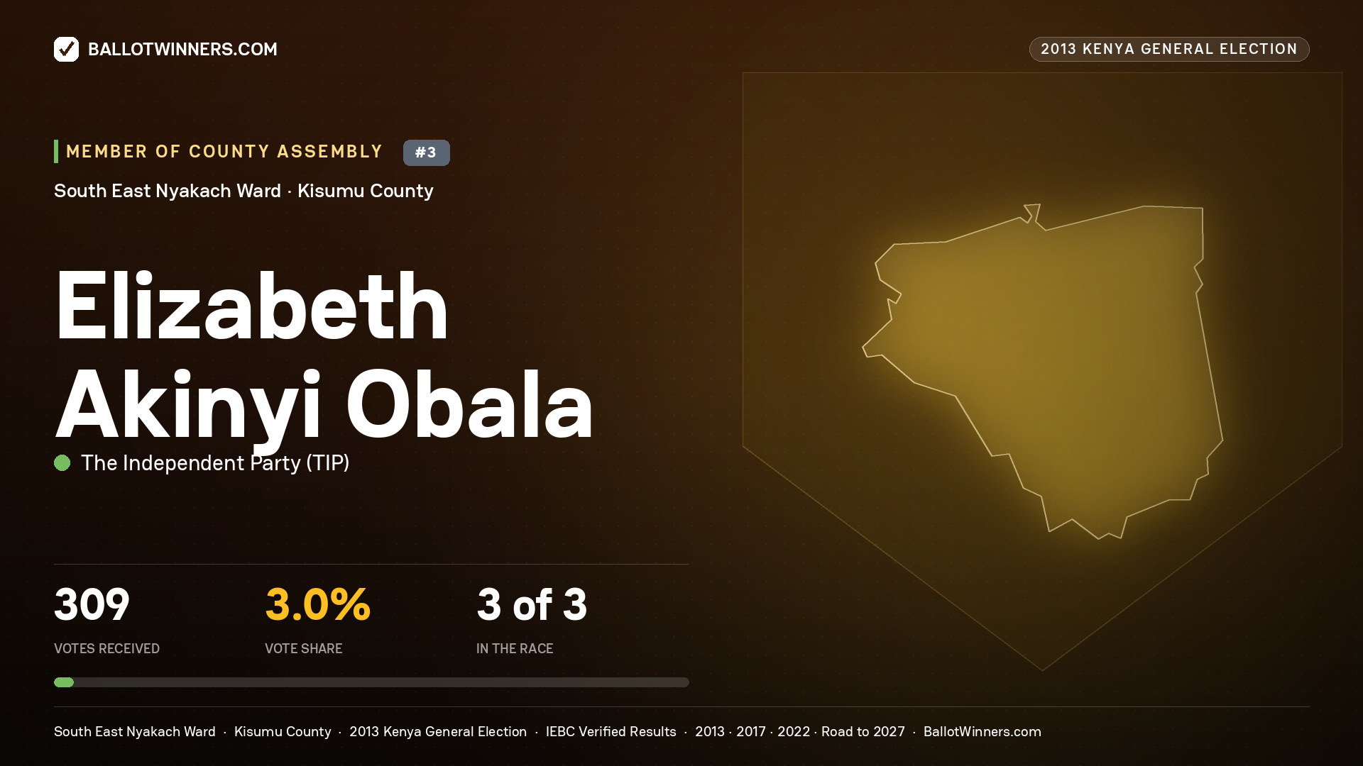 ELIZABETH AKINYI OBALA, contested Member of County Assembly for SOUTH EAST NYAKACH, 309 votes, 2013 Kenya general election.