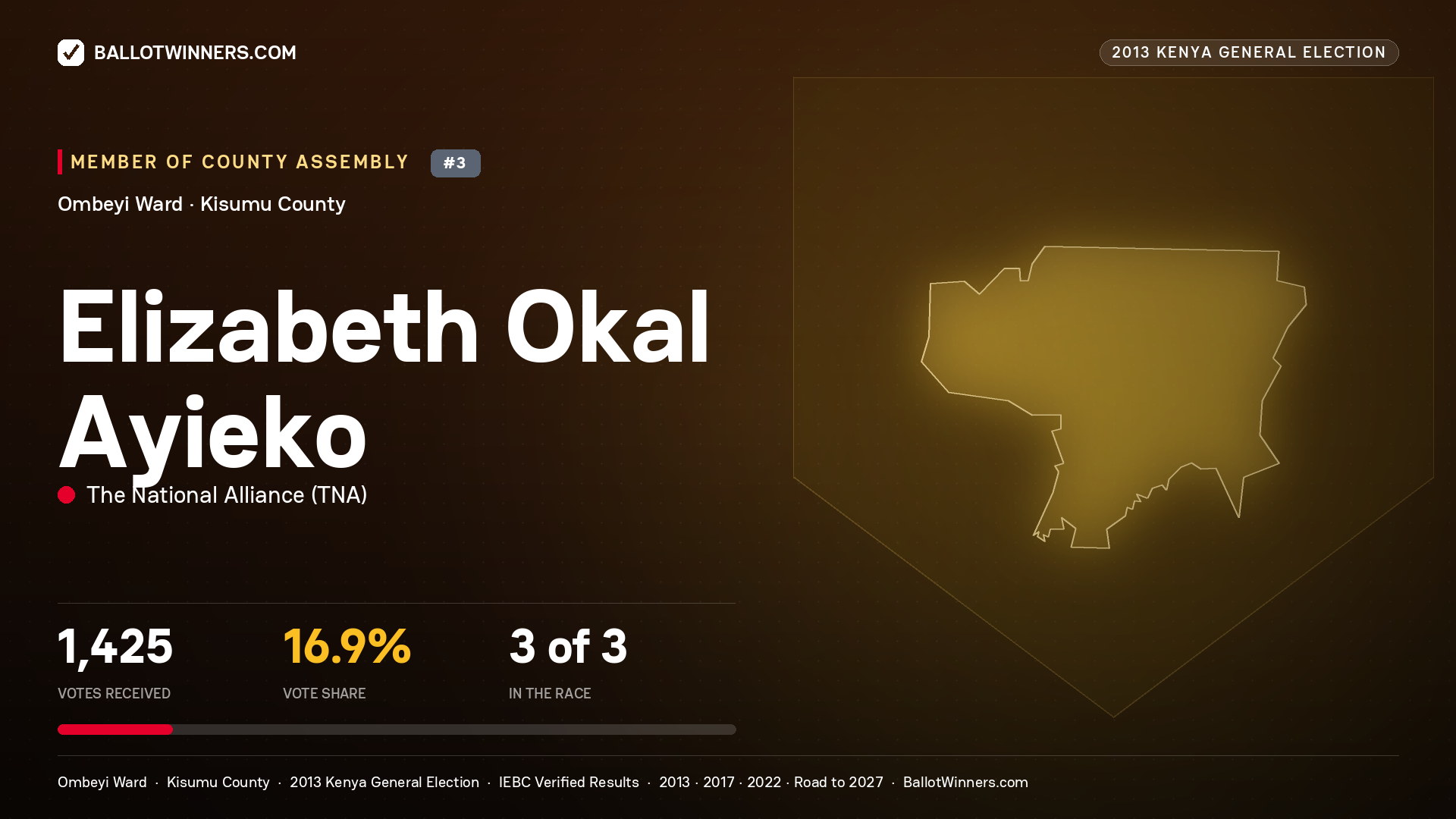 ELIZABETH OKAL AYIEKO, contested Member of County Assembly for OMBEYI, 1,425 votes, 2013 Kenya general election.