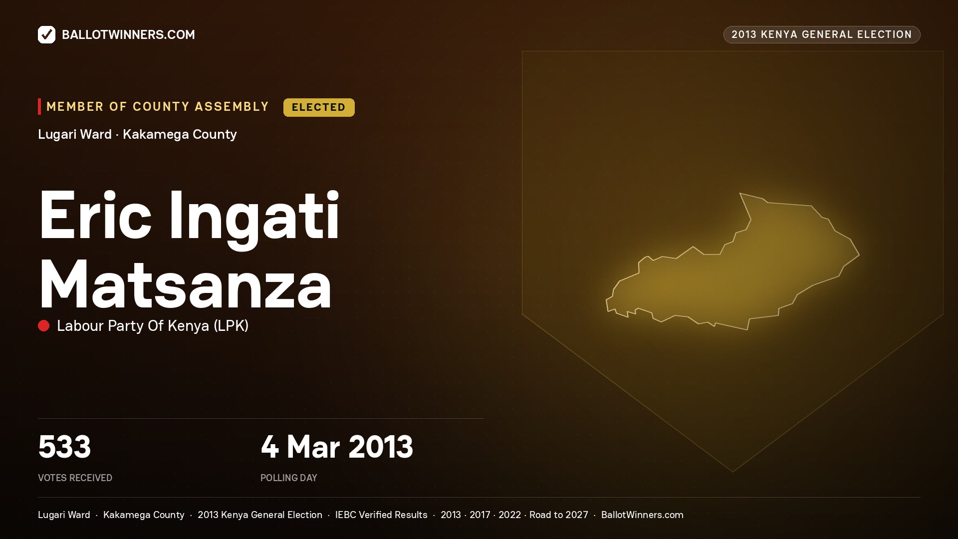 ERIC INGATI MATSANZA, elected Member of County Assembly for LUGARI, 533 votes, 2013 Kenya general election.