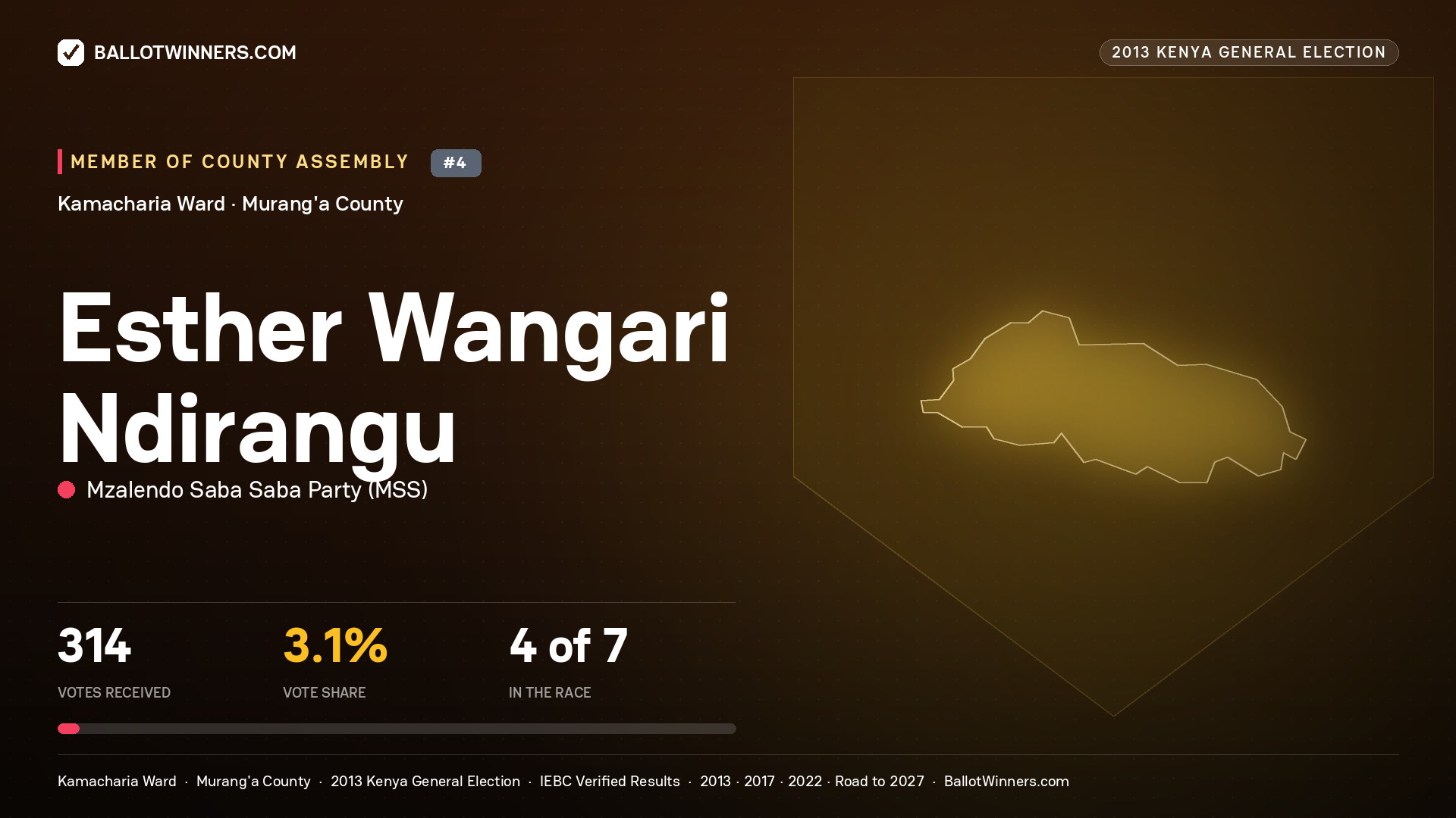 ESTHER WANGARI NDIRANGU, contested Member of County Assembly for KAMACHARIA, 314 votes, 2013 Kenya general election.