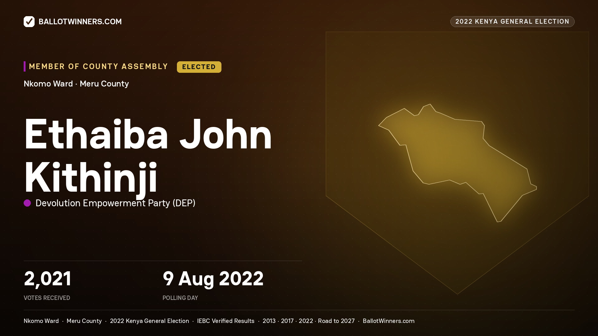 Ethaiba John Kithinji, Devolution Empowerment
Party, elected Member of County Assembly for Nkomo, 2,021 votes, 2022 Kenya general election.