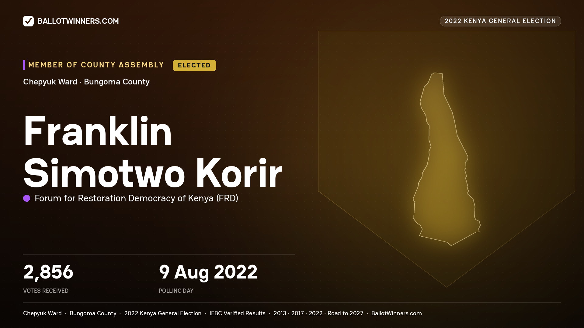 Franklin Simotwo Korir, Forum for Restoration Democracy of Kenya, elected Member of County Assembly for Chepyuk, 2,856 votes, 2022 Kenya general election.