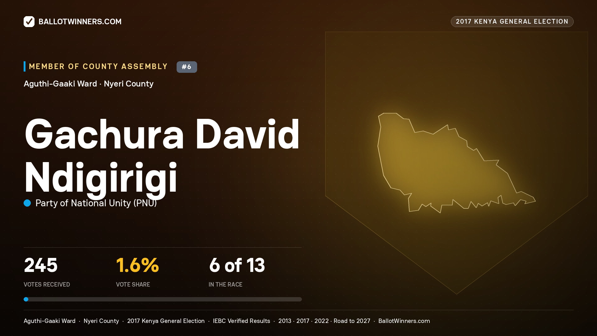 GACHURA DAVID NDIGIRIGI, PARTY OF NATIONAL UNITY, contested Member of County Assembly for AGUTHI-GAAKI, 245 votes, 2017 Kenya general election.