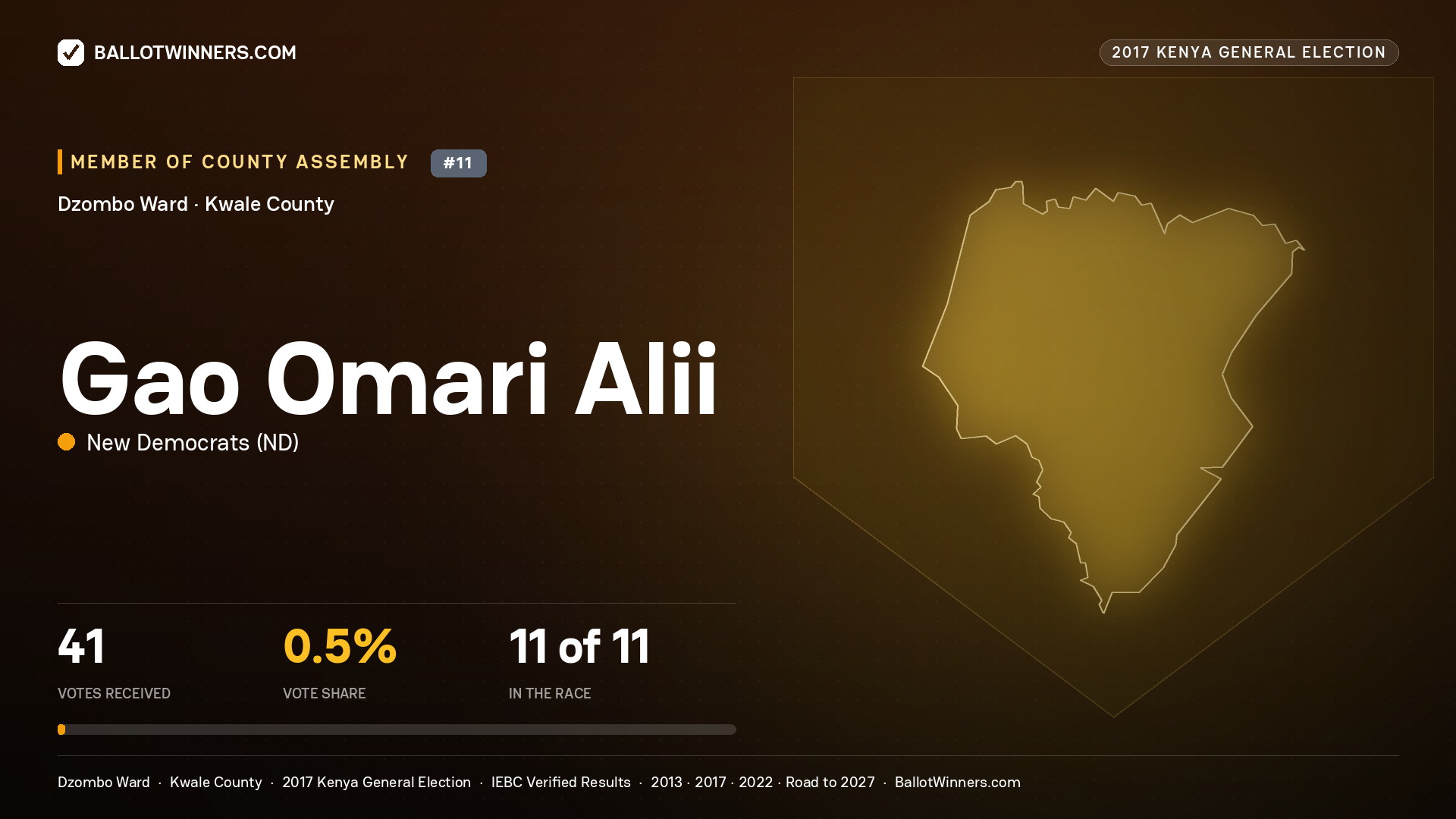 GAO OMARI ALII, NEW DEMOCRATS, contested Member of County Assembly for DZOMBO, 41 votes, 2017 Kenya general election.