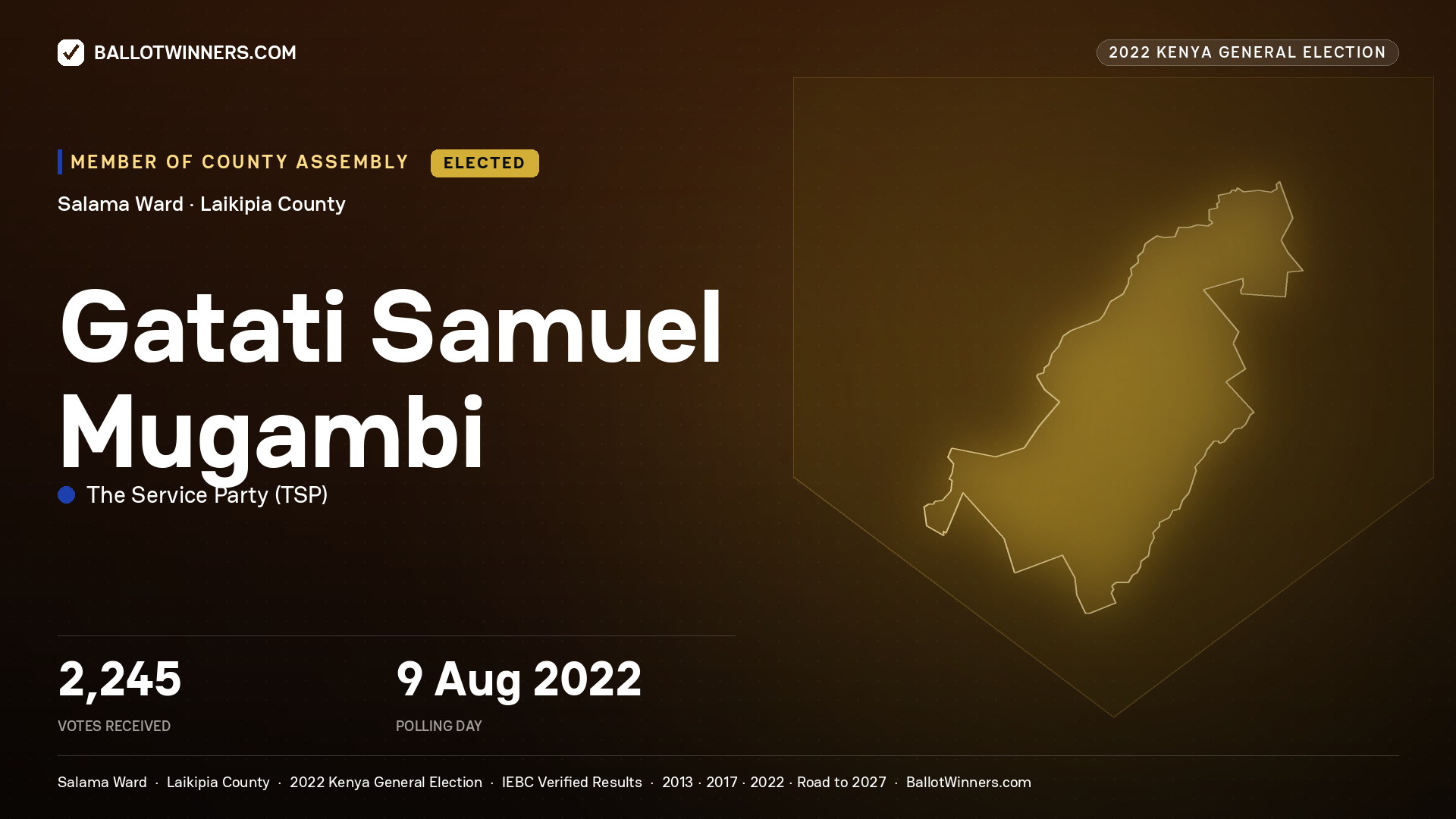 Gatati Samuel Mugambi, The Service Party, elected Member of County Assembly for Salama, 2,245 votes, 2022 Kenya general election.