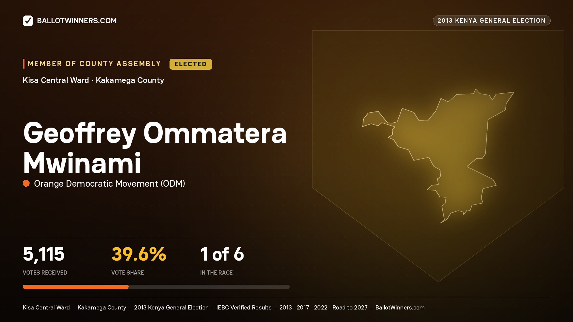 GEOFFREY OMMATERA
MWINAMI, elected Member of County Assembly for KISA CENTRAL, 5,115 votes, 2013 Kenya general election.