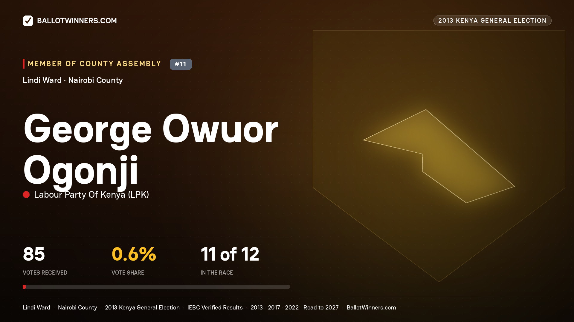 GEORGE OWUOR OGONJI, contested Member of County Assembly for LINDI, 85 votes, 2013 Kenya general election.