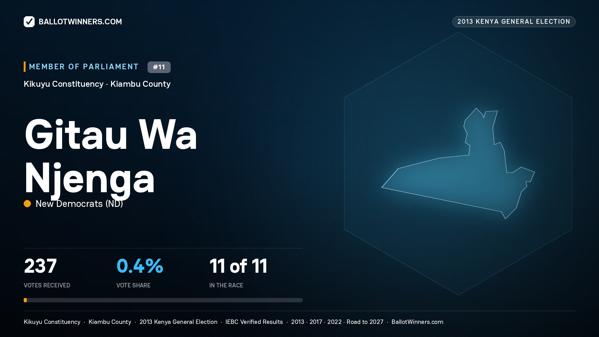 GITAU WA NJENGA, contested Member of Parliament for KIKUYU, 237 votes, 2013 Kenya general election.