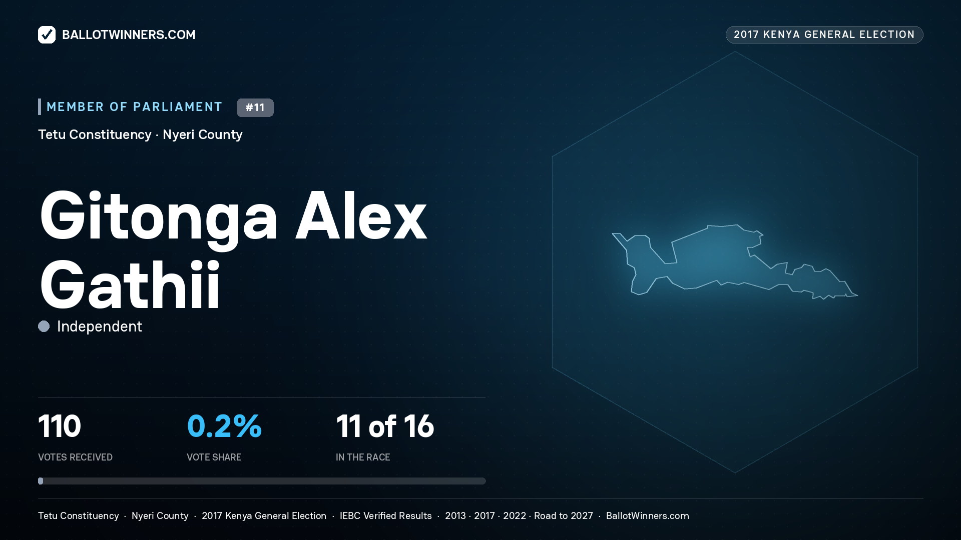 GITONGA ALEX GATHII, INDEPENDENT, contested Member of Parliament for TETU, 110 votes, 2017 Kenya general election.