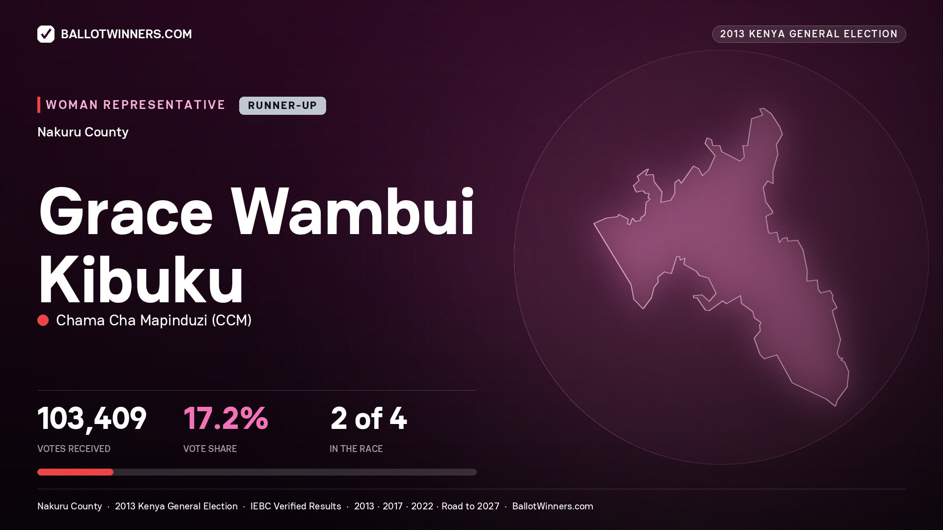 GRACE WAMBUI KIBUKU, contested Women Representative for NAKURU, 103,409 votes, 2013 Kenya general election.