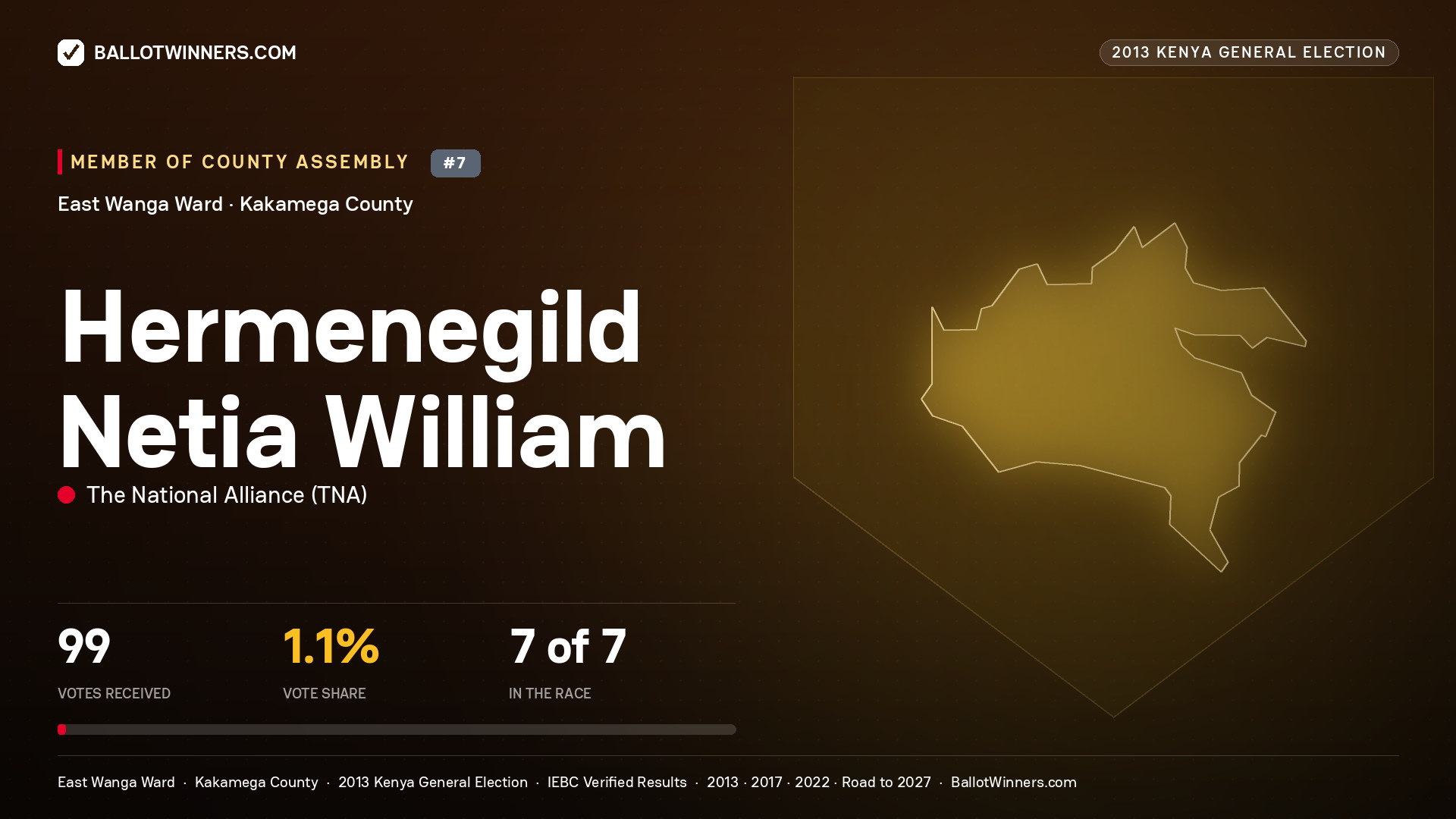 HERMENEGILD NETIA WILLIAM, contested Member of County Assembly for EAST WANGA, 99 votes, 2013 Kenya general election.