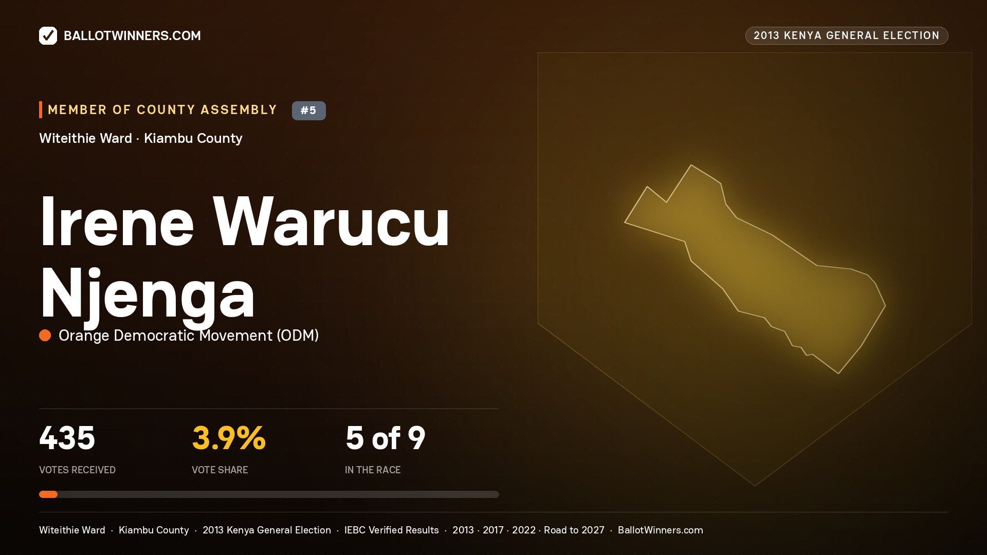 IRENE WARUCU NJENGA, contested Member of County Assembly for WITEITHIE, 435 votes, 2013 Kenya general election.