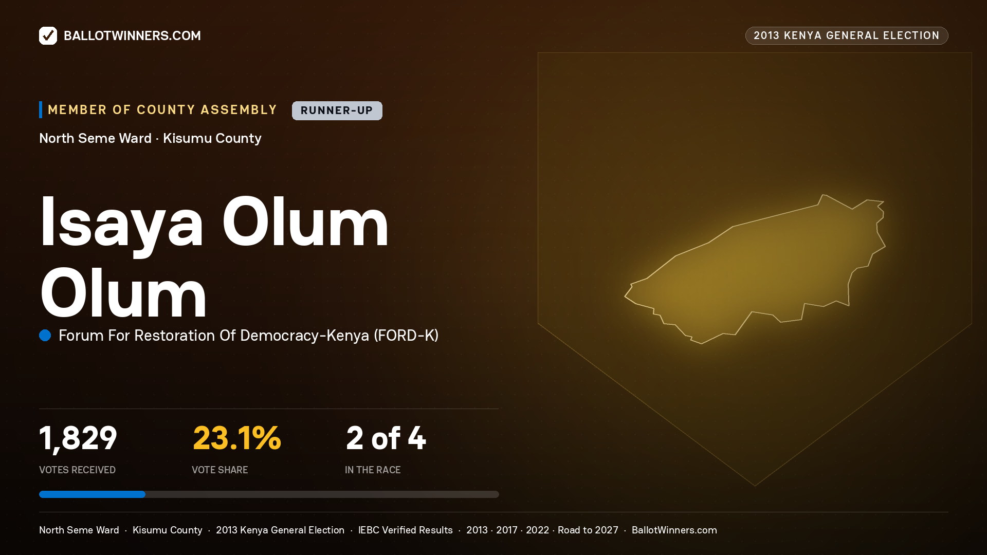 ISAYA OLUM OLUM, contested Member of County Assembly for NORTH SEME, 1,829 votes, 2013 Kenya general election.