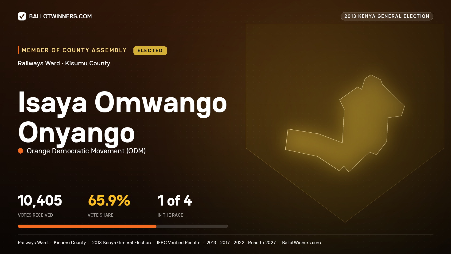 ISAYA OMWANGO ONYANGO, elected Member of County Assembly for RAILWAYS, 10,405 votes, 2013 Kenya general election.