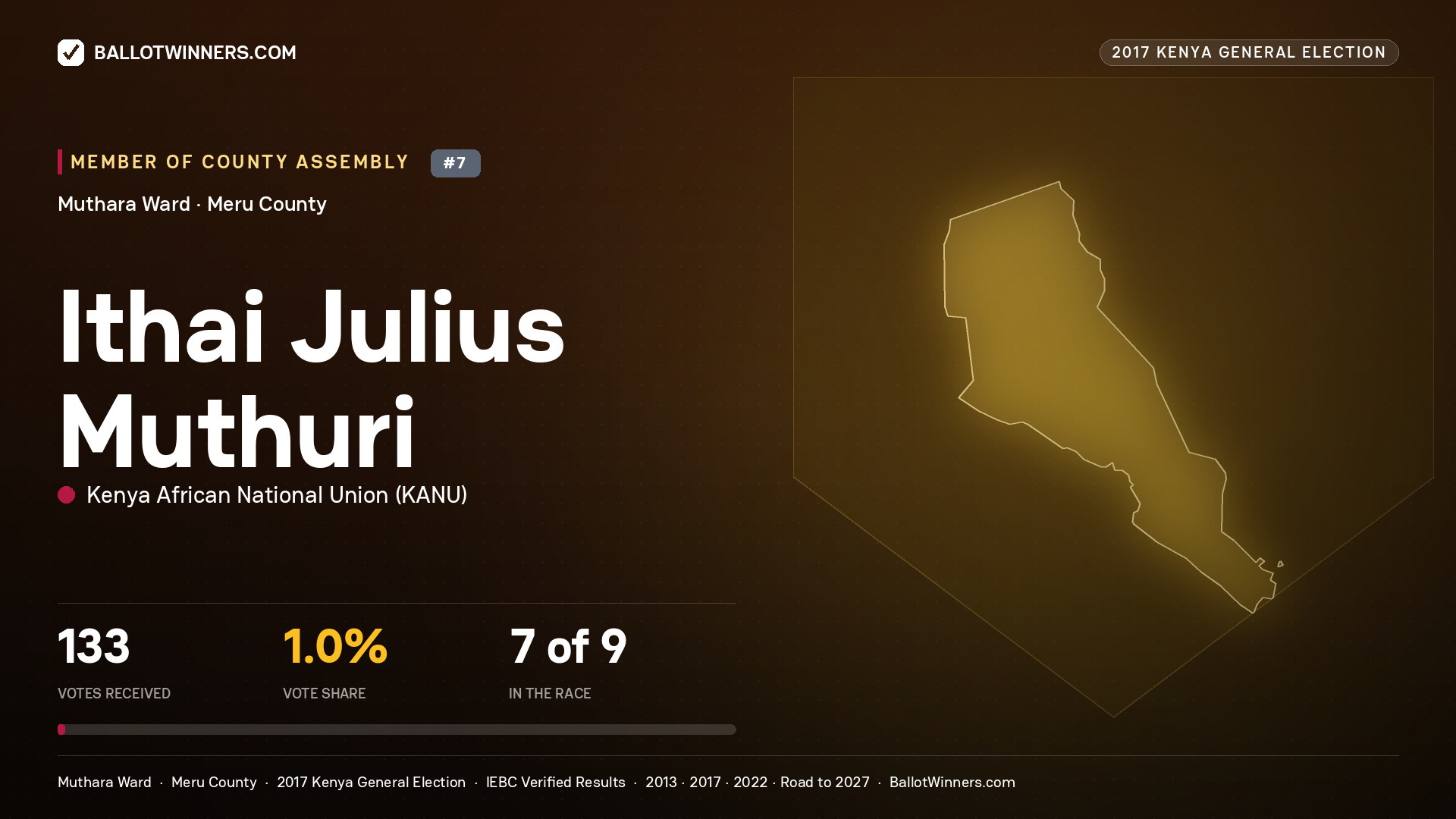 ITHAI JULIUS MUTHURI, KENYA AFRICAN NATIONAL UNION, contested Member of County Assembly for MUTHARA, 133 votes, 2017 Kenya general election.