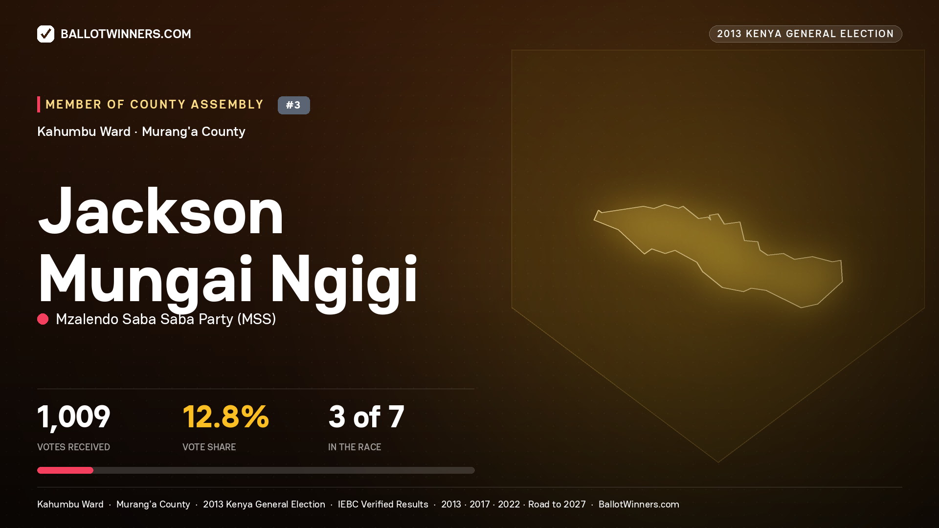 JACKSON MUNGAI NGIGI, contested Member of County Assembly for KAHUMBU, 1,009 votes, 2013 Kenya general election.
