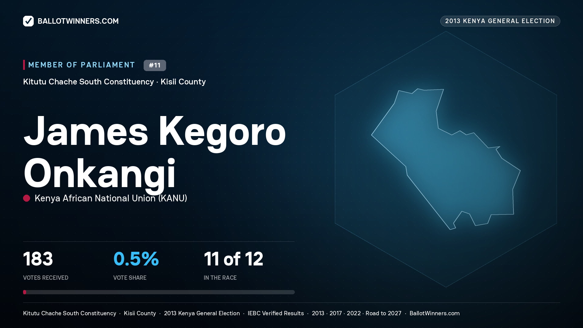 JAMES KEGORO ONKANGI, contested Member of Parliament for KITUTU CHACHE SOUTH, 183 votes, 2013 Kenya general election.