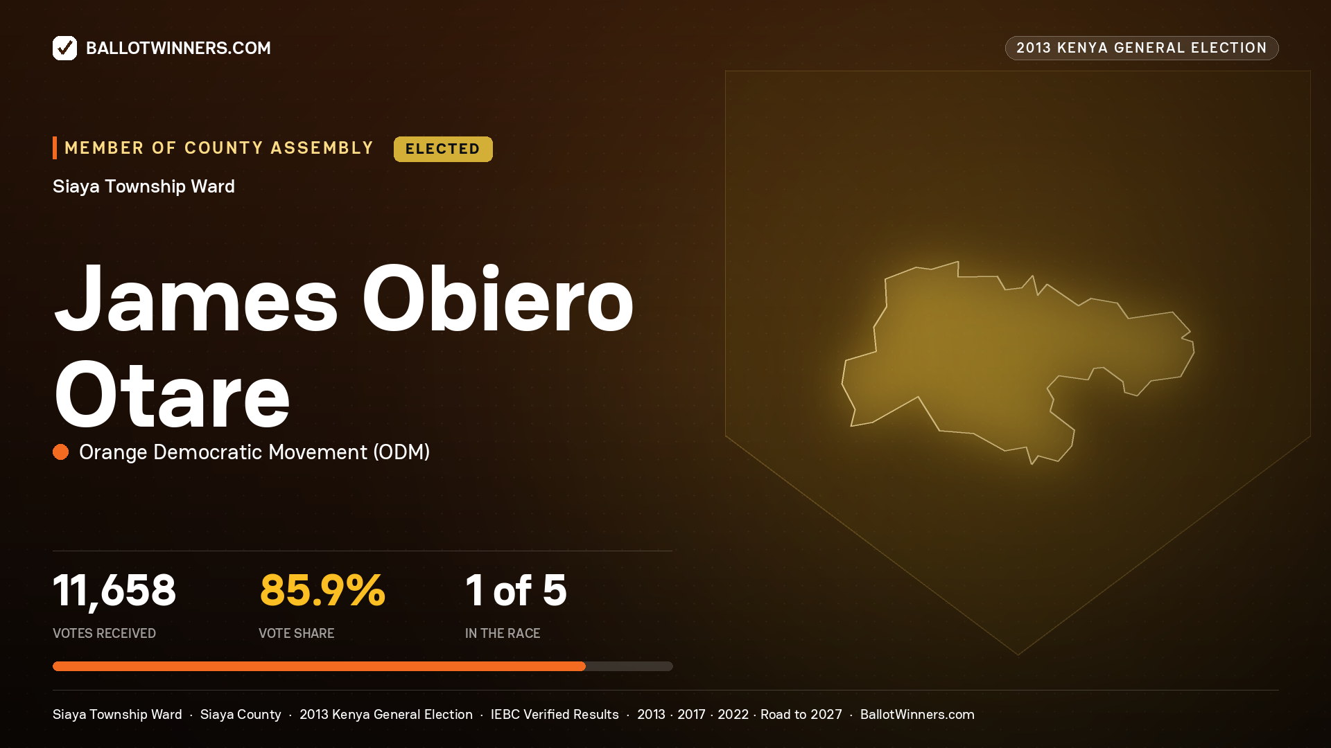 JAMES OBIERO OTARE, elected Member of County Assembly for SIAYA TOWNSHIP, 11,658 votes, 2013 Kenya general election.