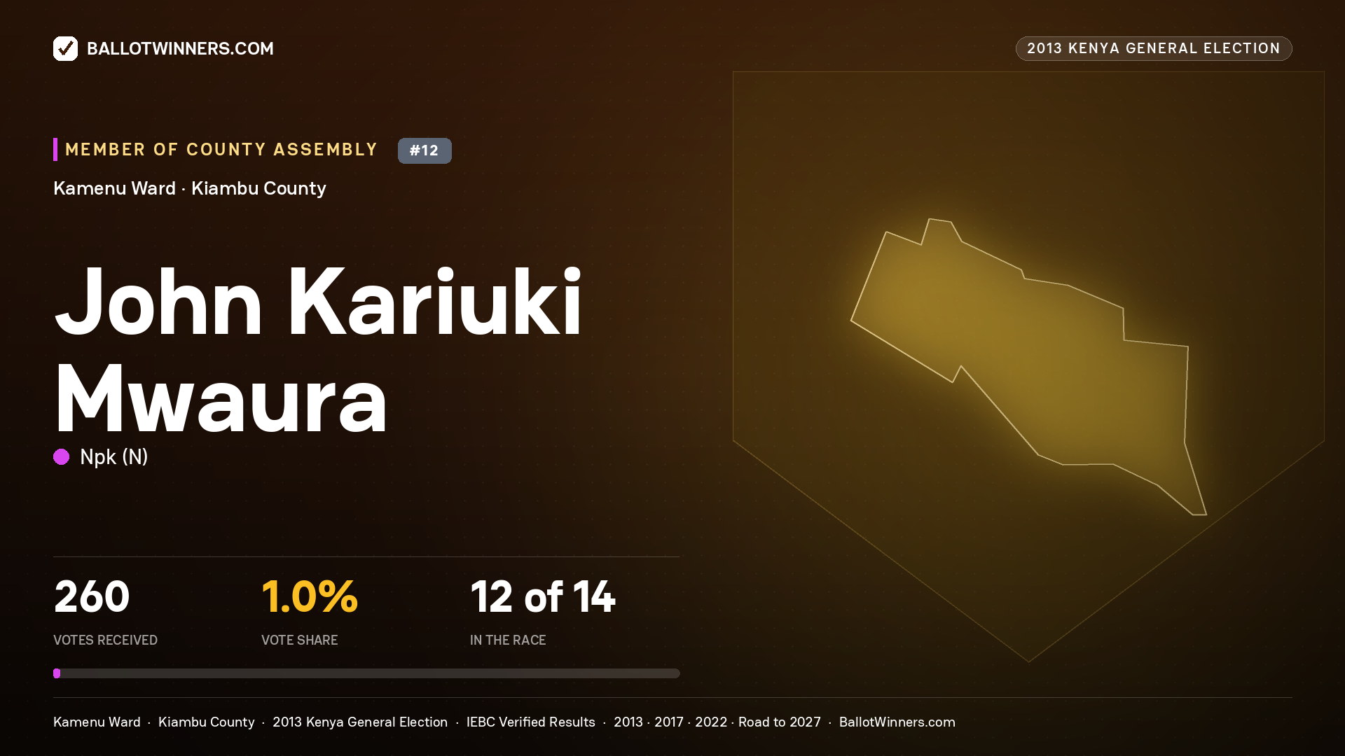 JOHN KARIUKI MWAURA, contested Member of County Assembly for KAMENU, 260 votes, 2013 Kenya general election.