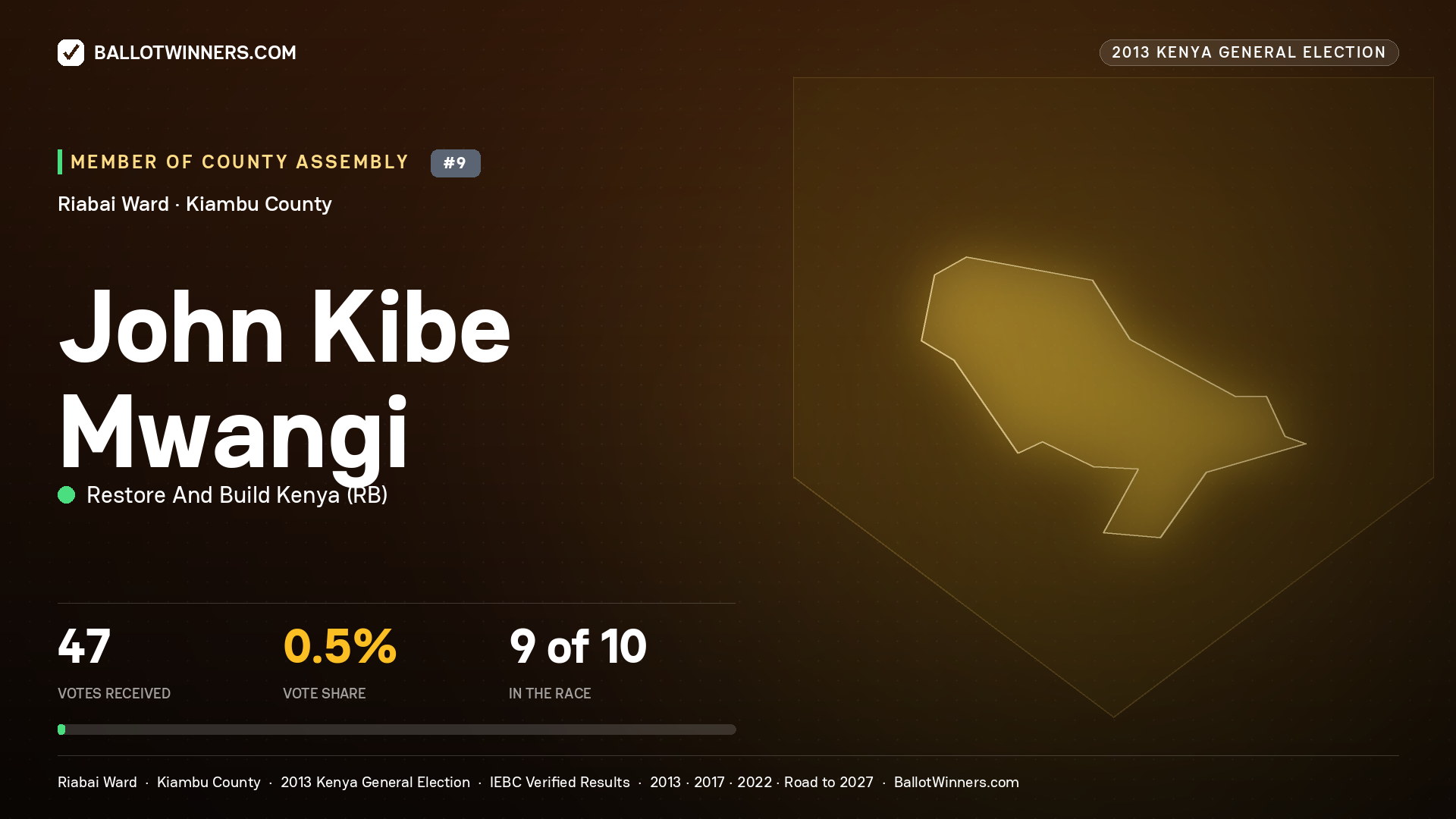 JOHN KIBE MWANGI, contested Member of County Assembly for RIABAI, 47 votes, 2013 Kenya general election.