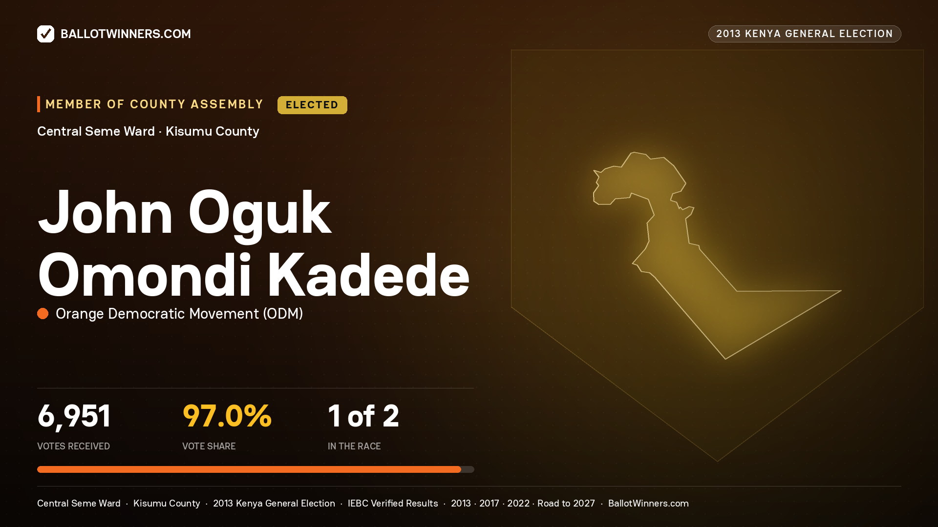 JOHN OGUK OMONDI KADEDE, elected Member of County Assembly for CENTRAL SEME, 6,951 votes, 2013 Kenya general election.